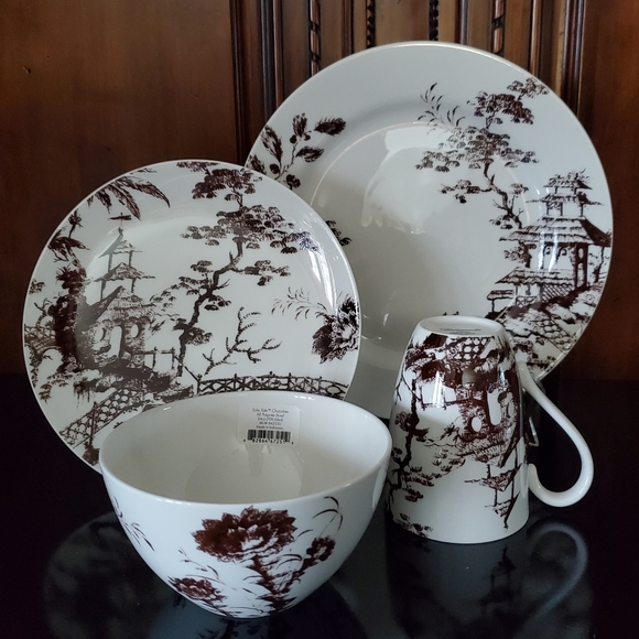 NIB Scalamandre' Lenox 4pc "Toile Tale Chocolate" 1 Place Setting Brown & White - Picture 2 of 16